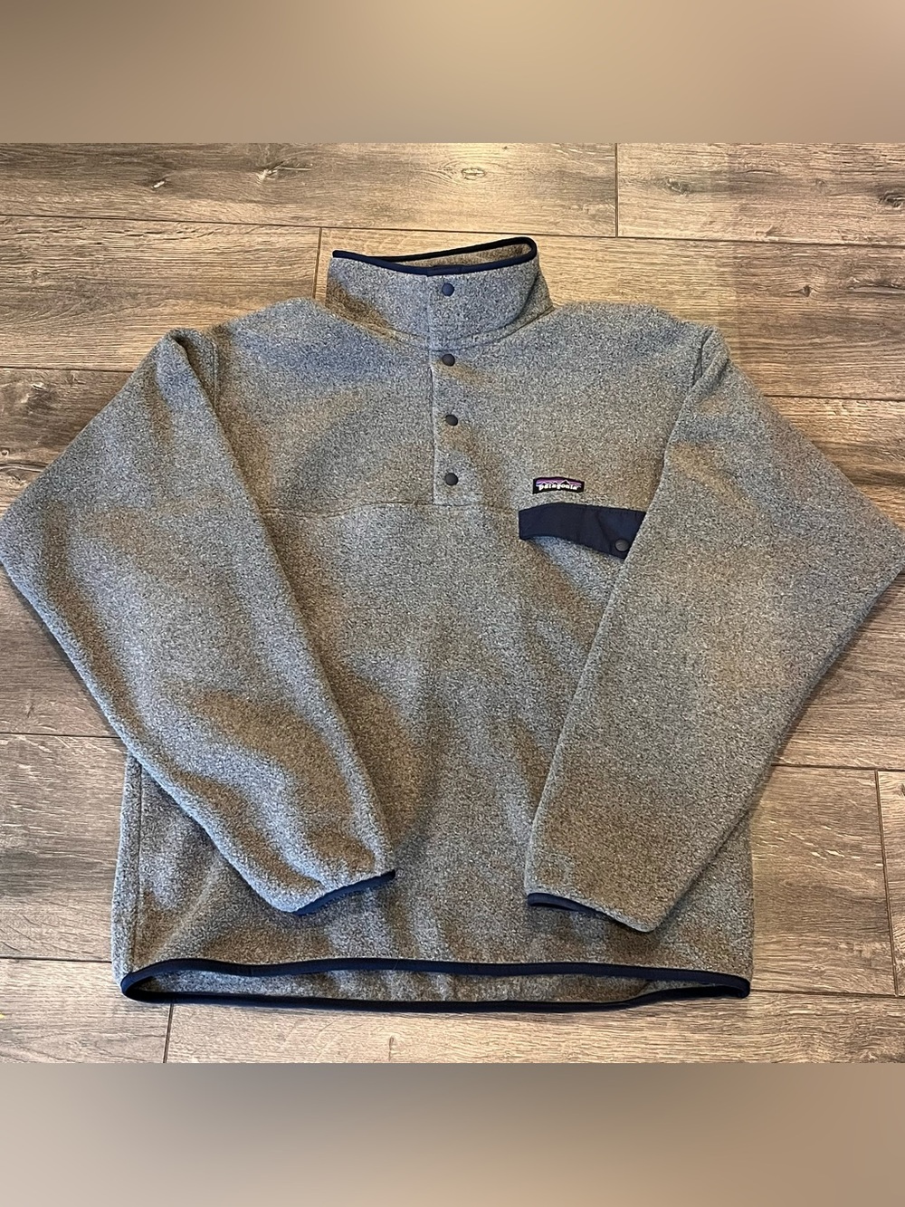 Patagonia Synchilla Mens Gray Navy Blue Fleece Snap-T Pullover Jacket Size M